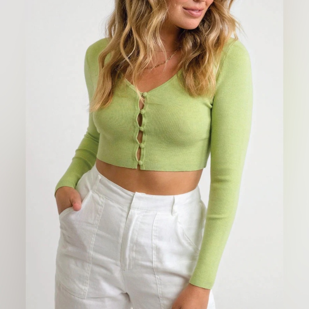 Aritzia Sunday Best Ribbed Green Button Detail Long Sleeve Top Size Large